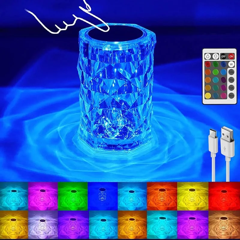 YeahBoom Lámpara de Mesa de Cristal, Lámpara de mesa LED de diamantes con 16 colores RGB, Touching Crystal Lamp, 4 Modos Luz Recargable con Control Remoto, Romántica luz Nocturna LED, Luz Ambiental Recargable — Cena a la luz de velas