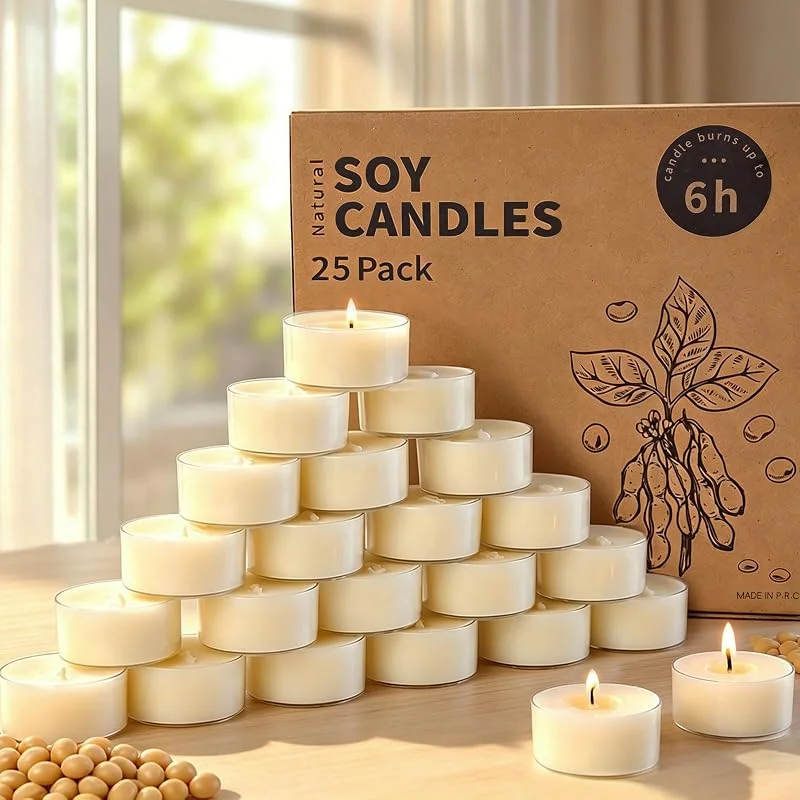 ugbem Juego de 25 velas de té naturales inodoras, 100% cera de soja, 6 horas de combustión, sin parafina, no tóxicas, veganas, en taza transparente — Cena a la luz de velas