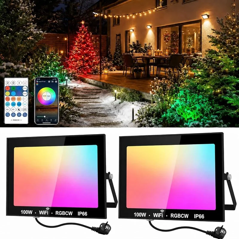 NATPOW Foco LED RGB, Luce LED Exterior 100W Luz LED RGB Proyector Con APP Bluetooth y Mando a Distancia, IP66 Impermeable Colores Floodlight que Cambia de Color para Jardines, Patios (set de 2) — Luces Navidad