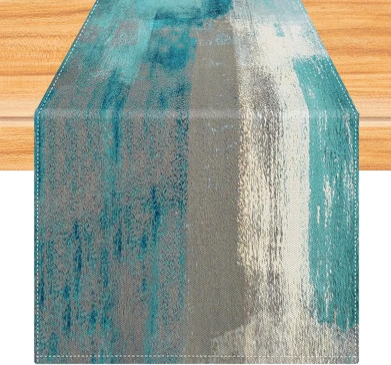 Kiatuniya Camino de Mesa Turquesa 33 x 183 cm Caminos de Mesa Pintura de Arte Moderno Camino de Mesa Corto Decoración de Mesa Lavable para Fiestas de Navidad Bodas Vacaciones Decoración de Dumpleaños — Hogar y cocina