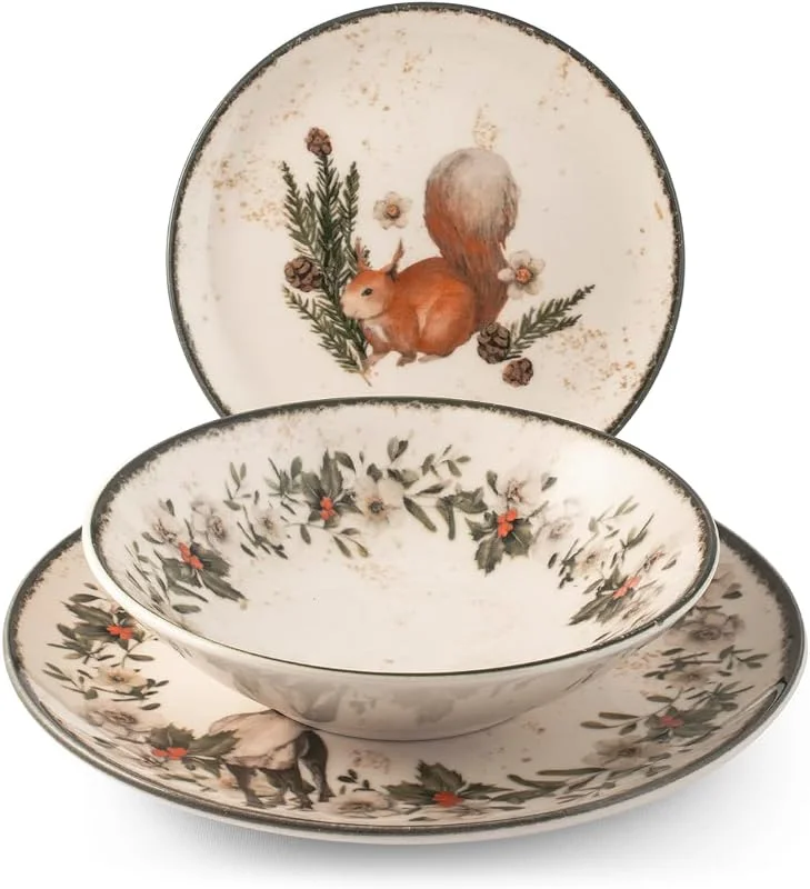 H&H Juego de Mesa Navidad 18 Piezas Garland en Gres - Platos Planos, Sopas y Postres - Decoraciones Elegantes con Animales y Guirnalda Invernales — Adviento y mesa