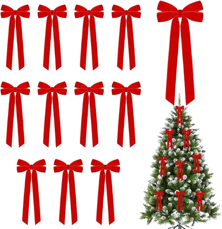 DONGKER Lazos para árbol de Navidad, 12 Piezas de Lazos navideños con Purpurina, 22 x 13 cm de Terciopelo, para Decorar árboles, Puertas, Paredes o chimeneas — Envoltorio regalo