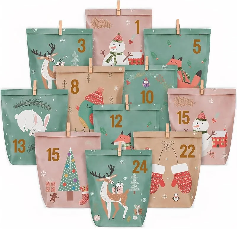 Mepham Calendario de Adviento para rellenar, 24 bolsas de papel de calendario de Navidad para rellenar, bolsas de papel kraft con diseño de acuarela, calendario de Navidad 2026 para llenarte — Adviento y mesa
