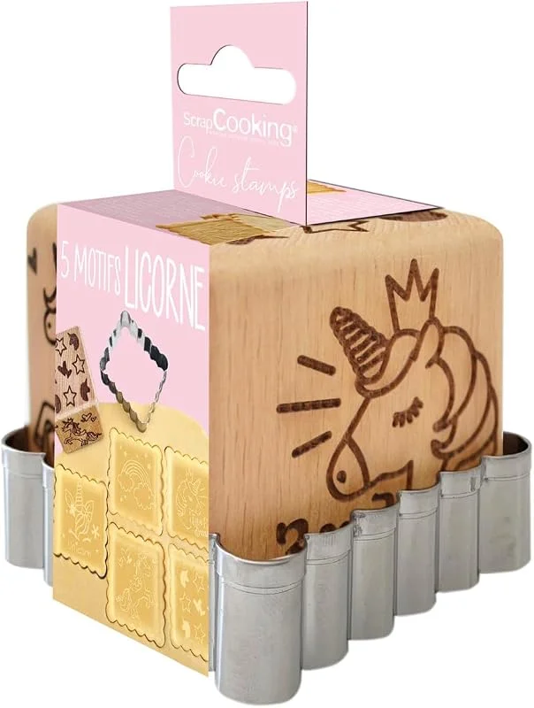 ScrapCooking 5123 - Sello de madera con diseño de unicornio, con 1 cortador, cortador de galletas y cubos decorativos con 5 caras grabadas en relief-molde decorativo — Hogar y cocina