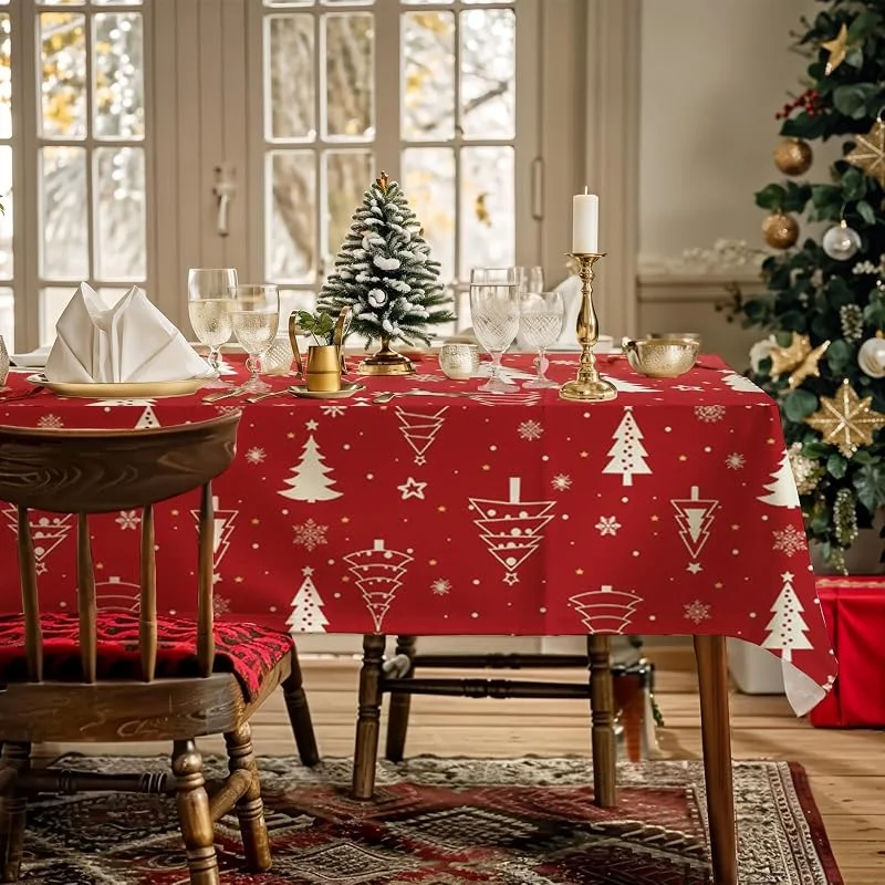 AIBIIN Mantel de Navidad de 142 x 213 cm, árbol de Navidad y copos de nieve, cubierta de mesa impermeable, mantel de vacaciones para festivales, cenas y fiestas — Hogar y cocina
