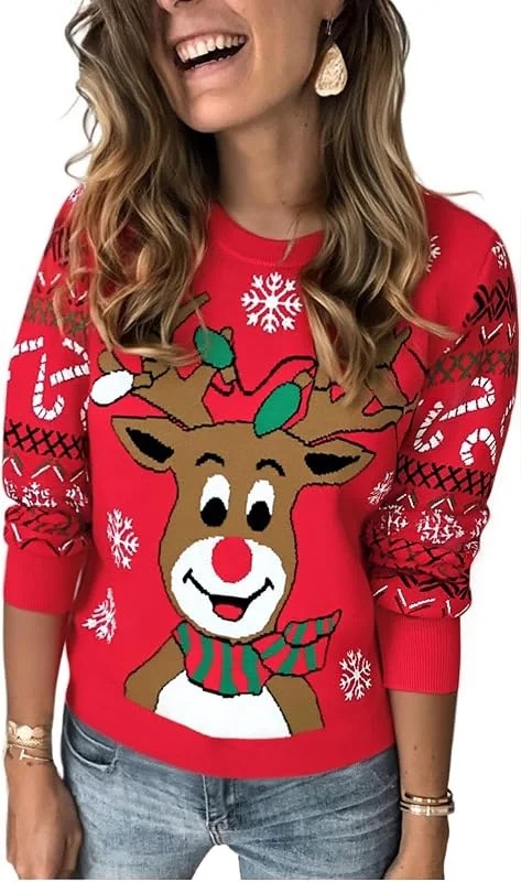 Visita la tienda de Marvmys Marvmys Jersey Navideño Mujer Invierno Navidad Ugly Sweater Manga Larga Suéter Ropa Punto Reno Monigote Nieve Cuello Redondo — Ropa Navidad