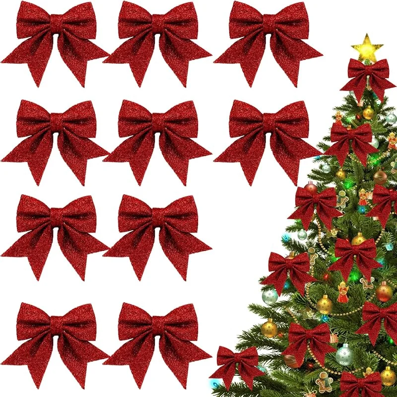 RCYHCY 10 Piezas Lazos para Arbol Navidad, 15x14cm Moños Navideños para Árbol, Lazos con Purpurina, Arcos Cinta Navidad, Adornos Arbol Navidad para Navidad, Decoración de Bodas (Red) — Envoltorio regalo