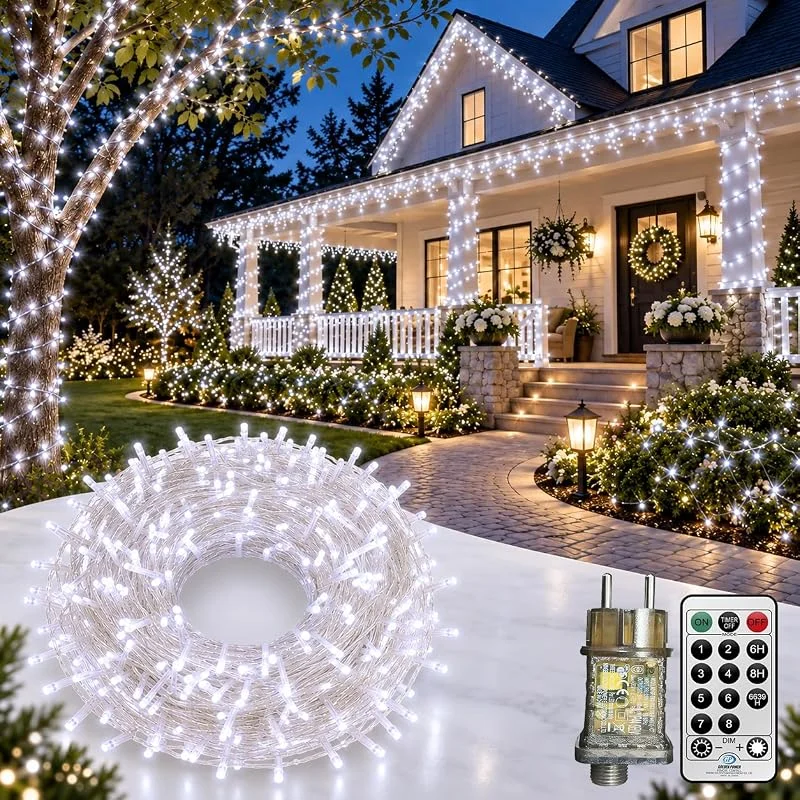 CORST Luces Navidad Exterior, Guirnalda Luces Exterior 600 LEDs 100M IP44 Impermeable 8 Modos Flash de Luz Decoración para Navidad, Fiestas, Bodas, Patio, Dormitorio Jardines, Festivales (Blanco)