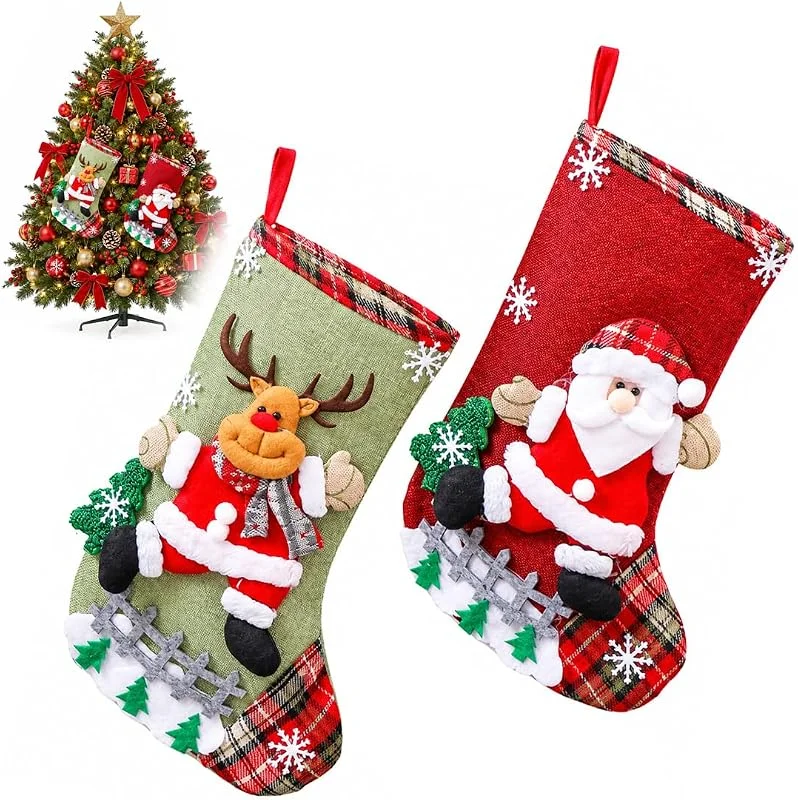 DUSPAK 2 Piezas Calcetín Navidad Yute, Reno y Papá Noel, Para Colgar — Decoracion Navidad