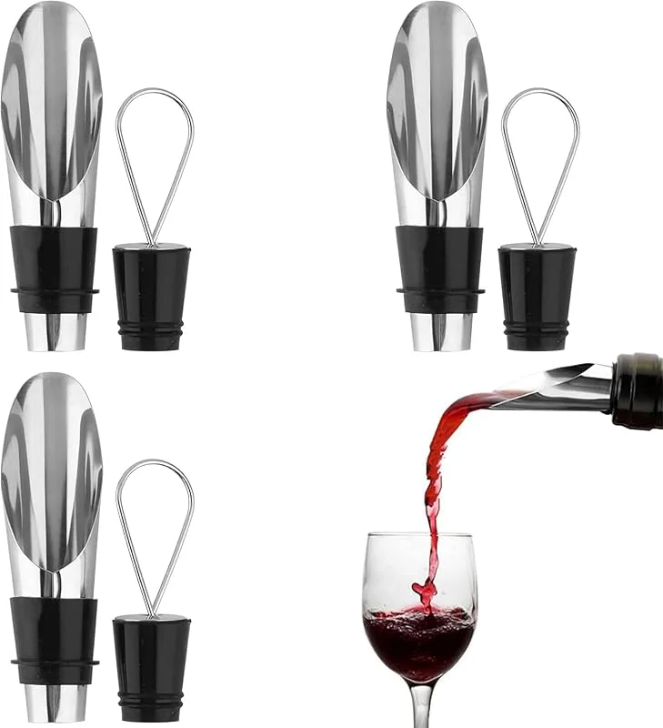 Ichigo Ichie 3 Piezas Escanciador de Vino con Vertedor Antigoteo, Tapón Reutilizable, Decantador Oxigenador, Tapones y Vertedores Acero Inoxidable para Vino — Vino y mesa festiva