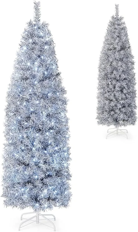 Visita la tienda de COSTWAY COSTWAY Árbol de Navidad Blanco y Negro 180cm, Arbol de Navidad Slim, Estrecho con Luces Incorporadas, 250 Luces Blancas Frías, 475 Ramas de PVC y Pet, Arvore de Natal Soporte de Metal Casa, Oficina — Decoracion Navidad