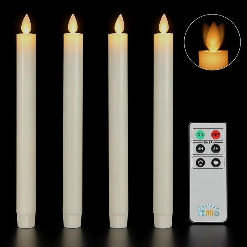 Visita la tienda de Fanna Fanna 4 Led Velas Cónicas crema, Velas Led efecto llama Parpadeante con mando a distancia y pilas incluidas - Altura 24cm — Cena a la luz de velas