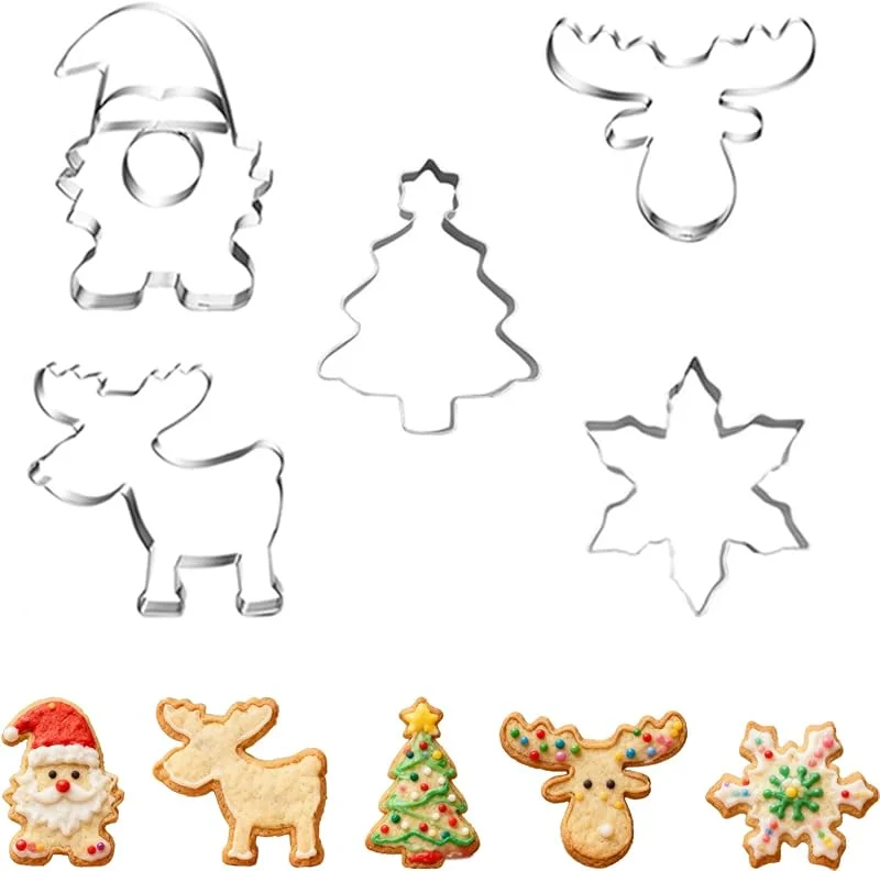 hankousi Juego de 5 cortadores de galletas de Navidad, de acero inoxidable calado para hornear árbol de Navidad, Papá Noel, reno, galletas con forma de copo de nieve, decoraciones de pasteles y — Hogar y cocina