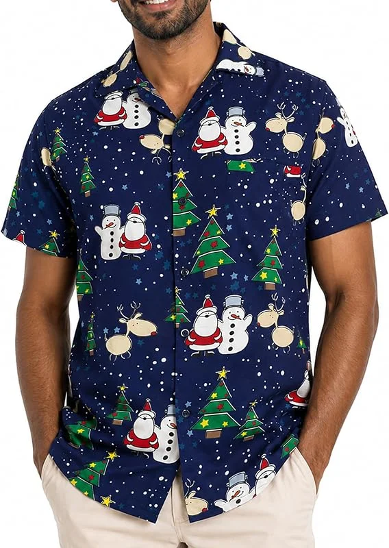 Visita la tienda de King Kameha King Kameha Funky-Camisa-Hawaiana Navidad Hombre Manga-Corta Elegante X-Mas Santa-Claus Muñeco-De-Nieve Unisexo — Ropa Navidad