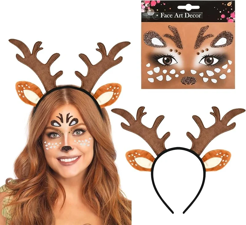 QIZHIQIAMY Diadema Cuernos Reno, 2 PCS Diadema de Reno Niños, Diadema Reno Niña, Diadema de Cuernos de Reno, Disfraz Infantil de Reno con Cara Ciervo Tatuaje para Navidad, Carnaval, Cosplay — Ropa Navidad