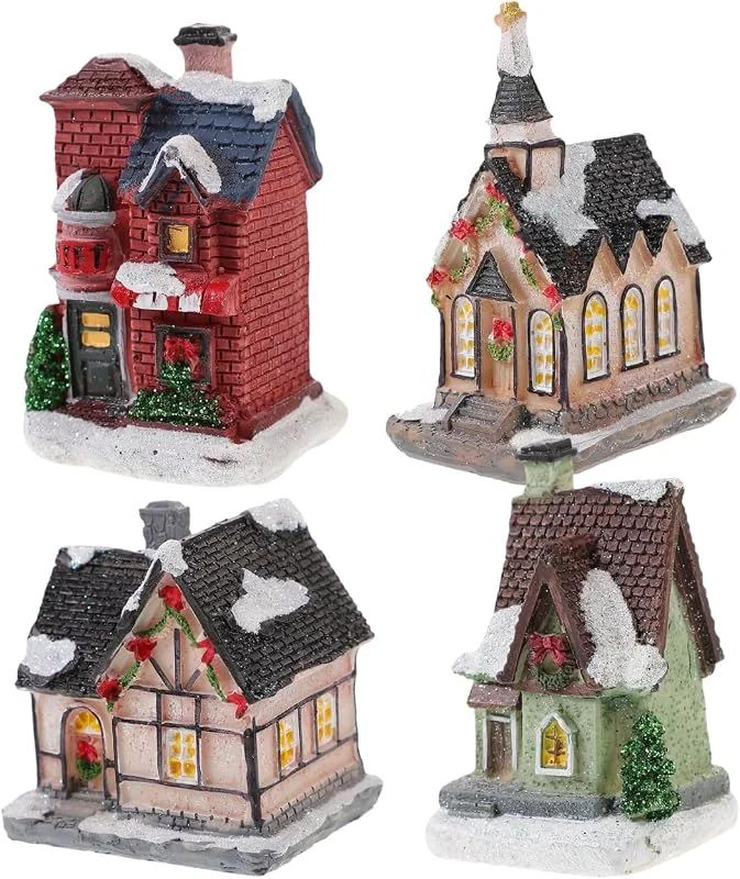 Visita la tienda de SOLUSTRE Casa de Navidad con iluminación LED, pueblo de Navidad, ciudad de Navidad, 4 piezas, casas, pueblo de invierno con iluminación, nieve, miniatura, casa, Navidad, decoración, invierno, regalos — Decoracion Navidad