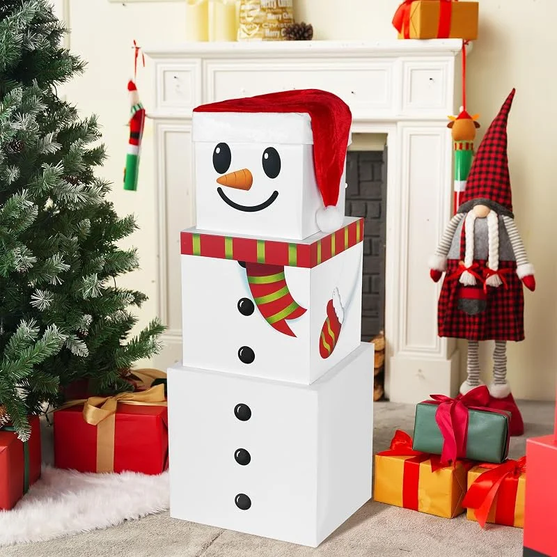 Visita la tienda de JOYIN JOYIN 4 cajas apilables de muñeco de nieve de Navidad con tapas y sombrero de Navidad, cajas apilables decorativas grandes, cajas de anidación, caja de regalo apilable de Navidad para decoraciones de — Envoltorio regalo