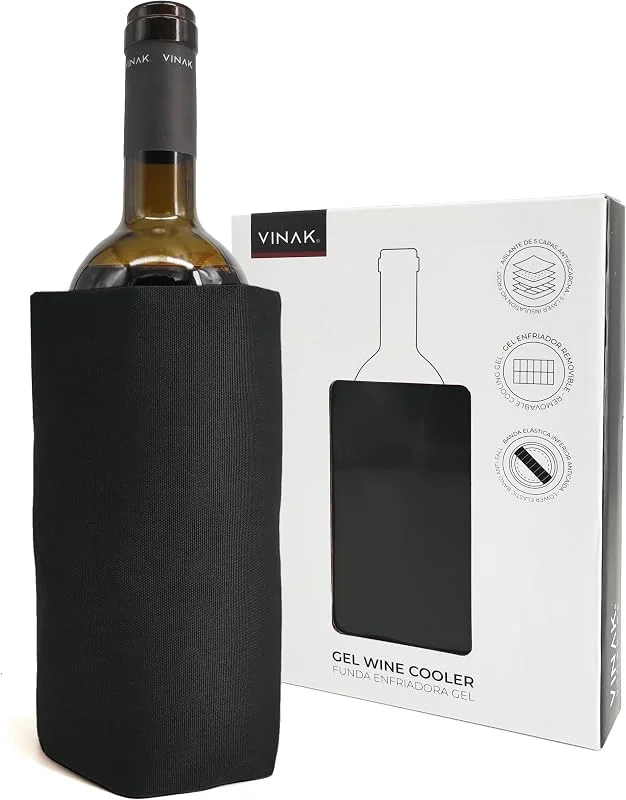 Visita la tienda de VINAK VINAK Funda enfriadora de botellas de vino, Enfriador de vino con gel de calidad no-frost, Fabricada con 5 capas aislantes, Banda elástica inferior anticaída (Negro) — Vino y mesa festiva