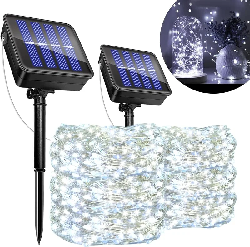 Caldarax 2 Pack Guirnaldas Luces Exterior Solar, 12M 120 LED Luces Solares Jardín, 8 Modos, IP65 Impermeables, Cadena de Luce Decoracion para Terraza, Fiestas, Bodas, Patio, Árbol, Jardines(Blanco Frío) — Luces Navidad