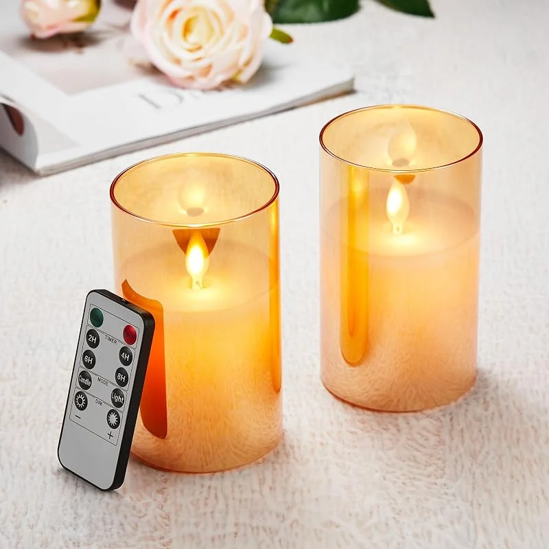 Lonkenn Velas LED Pack de 2, Velas Parpadeante Sin Llama, Funciona con pilas Velas con Vidrio, Vela LED Temporizador con Mando a Distancia, Real Cera, Velas Con y Regulable, Para Dormitorio Fiesta-10cm Marrón — Luces Navidad