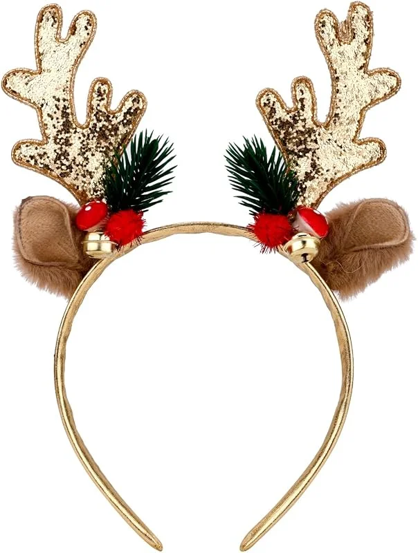 Gosknor Diadema con Cuernos de Reno Navideño, Dorada Diadema con Cuernos de Ciervo con Cascabeles Purpurina Diadema con Orejas de Cuerno Disfraz Navideño para Mujeres y Niñas — Ropa Navidad
