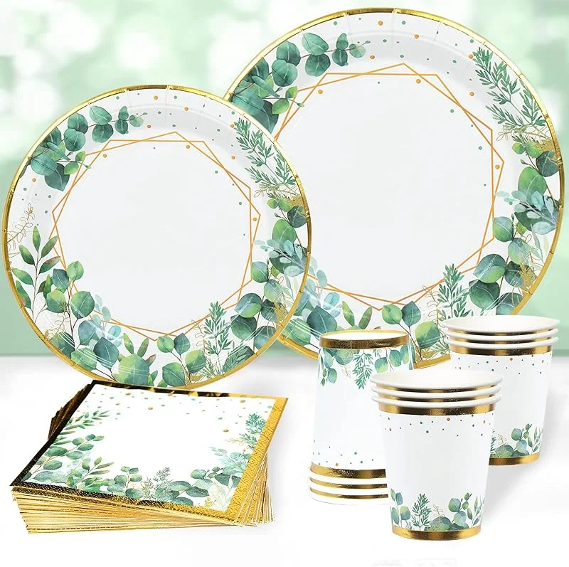 Visita la tienda de Patimate Juego de platos y servilletas de papel verde salvia, 96pcs vajilla desechable de fiesta de oro verde para suministros de fiesta de cumpleaños, baby shower, decoraciones safari en la jungla — Adviento y mesa