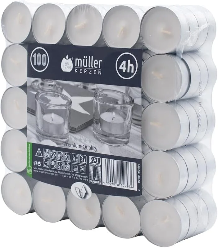 Visita la tienda de seit 1744 müller KERZEN Müller Velas de Té, Tealights - 38 mm diámetro - 00 piezas - 4 horas de tiempo de combustión - Color Blanco - Sin olor - Calidad RAL — Cena a la luz de velas
