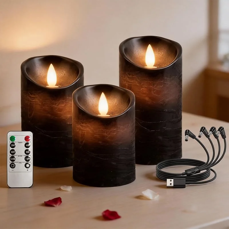 RosMank Juego de 3 velas LED con mando a distancia de 10 botones, sin llama, de cera auténtica, con llama parpadeante, decoración para Navidad, cumpleaños, boda y fiesta, Negro — Cena a la luz de velas