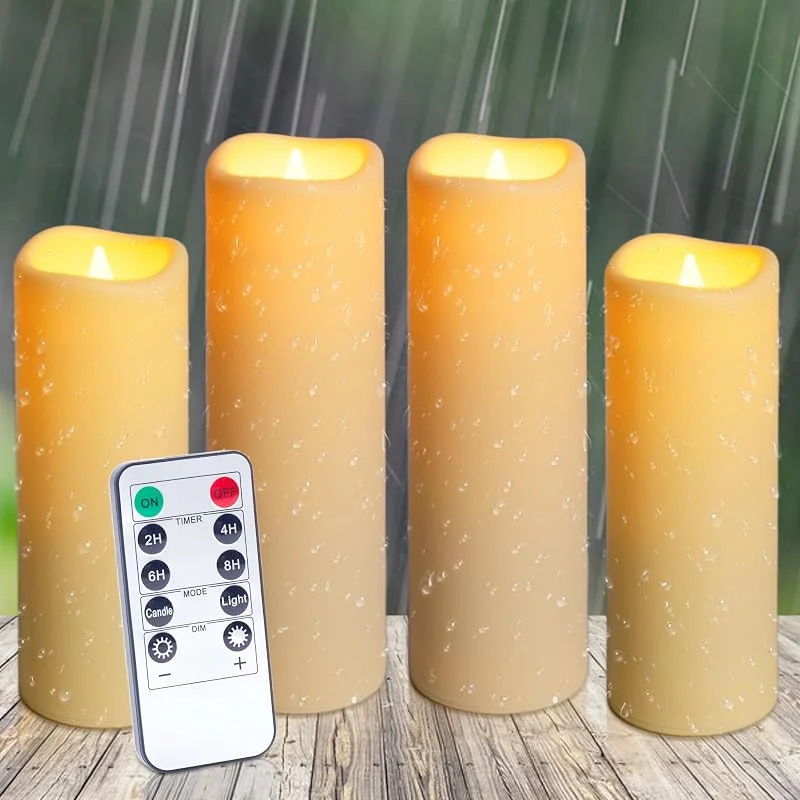 Auralome Velas LED Efecto Llama - 4 Conjunto de Velas Pilas Sin Llama con Temporizador Mando A Distancia Impermeable de Batería Eléctrica con Velas de Base Gruesa Flama Parpadeante Decoración — Cena a la luz de velas