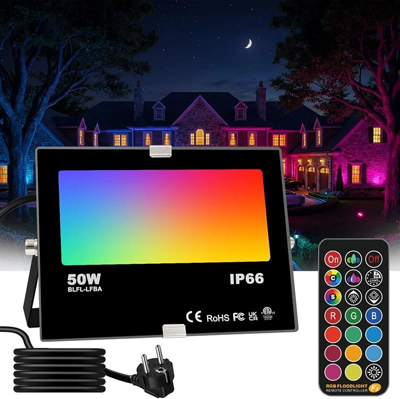 HEKEE Foco LED RGB Exterior, cambio de color 50W, modo estroboscópico personalizado para bricolaje, RGB 12 colores, temporización, control remoto incluido, IP66 a prueba de agua — Luces Navidad