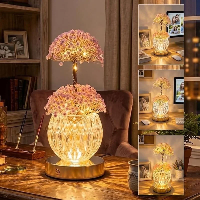 PHOEWON Lámpara LED Gypsophila, 3 colores Luz Cálida, Regulable Lámpara de Mesa Flores Cristal, Luz Nocturna USB Recargable, Lámpara Ambiental Dormitorio, Regalo Romántico, Lámpara Mesita de Noche — Cena a la luz de velas