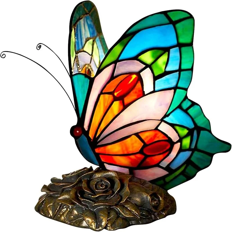 FUMAT Lámpara Tiffany, lampara de mesa con forma de mariposa, lámpara de noche retro vintage, Material de vidrio de color, perfecta para sala de estar, dormitorio, estudio, oficina — Cena a la luz de velas