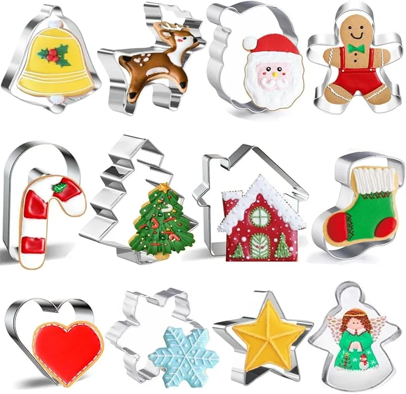 FINEVERNEK 12 Piezas Cortadores de Galletas Navidad, Molde Navidad, Moldes de Galletas de Navidad, para Galletas Moldes de Acero Inoxidable, Forma de Papá Noel, Copos de nieve, Árbol de Navidad — Hogar y cocina