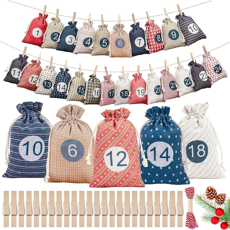 JOPOYOCO Calendario de Adviento para rellenar niños, 24 unidades, calendario de Navidad 2026, bolsas de yute, rellenables, bolsas de decoración navideña, bolsas de bricolaje, calendario de Adviento — Adviento y mesa