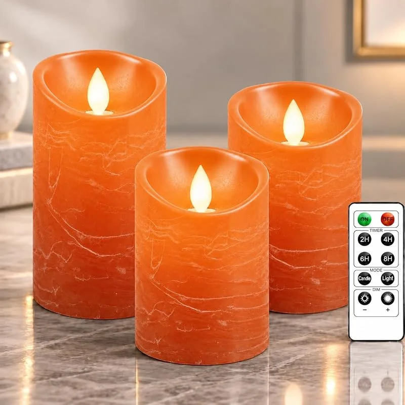 PinnWaa Velas LED 3 Piezas, Cera Real, Control Remoto y Temporizador, Naranja — Luces Navidad