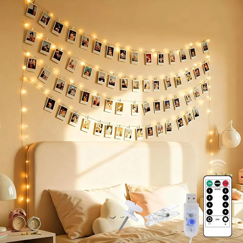 Liyade Guirnalda Luces 10m 100LED con 60 Pinzas para Fotos, USB, Mando — Luces Navidad