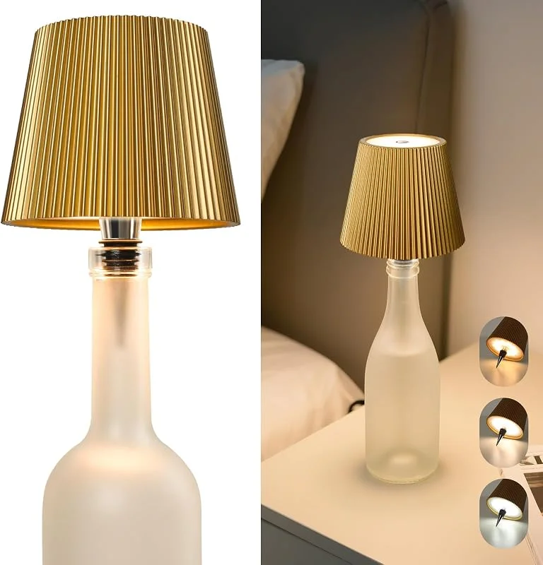 Beaeet Lámpara Botella Inalámbrica LED Sin Cable Color Dorada, Control Táctil 3 Colores Regulable, USB-C Recargable, Decorativa Portátil para Hogar Terraza Camping, Regalo Ideal — Cena a la luz de velas
