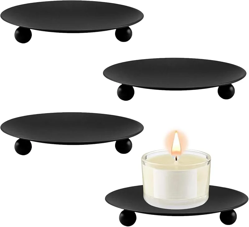 Xrten 4 Piezas Platos para Velas Retros, Candelabro Metal, Portavelas Decoracion Negro, Soporte de Velas, para Hogar, Boda Fiestas, Cena de Cumpleaños — Cena a la luz de velas