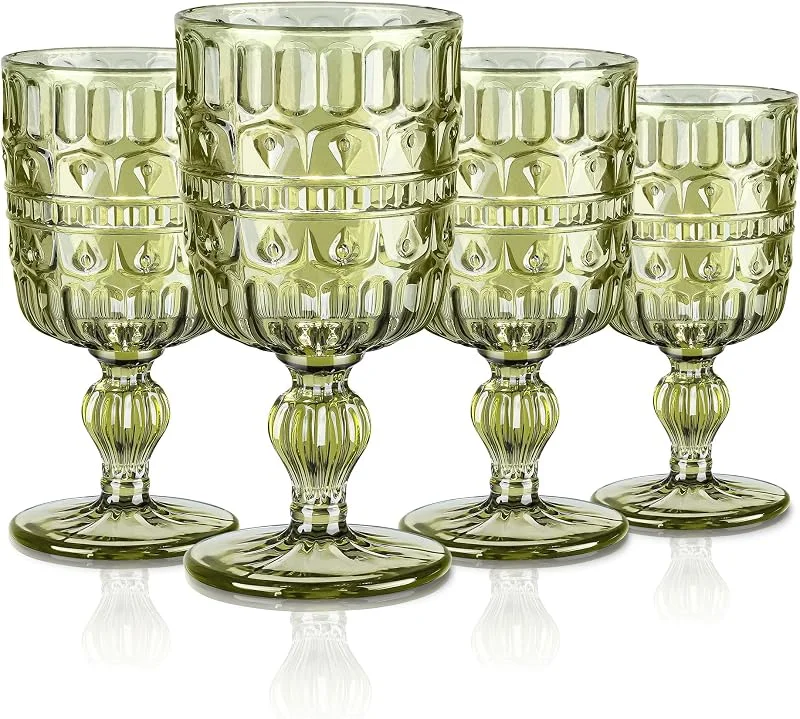 Visita la tienda de Joeyan Joeyan Copas de Vino Tinto de Verde, 300ml Vintage Copas con Geométrico Relieve, Vasos agua Vidrio Retro, Vajillas de Colores, Cristaleria para Fiestas, Bodas, Cenas Diarias, Apto para lavavajillas, Set de 4 — Adviento y mesa