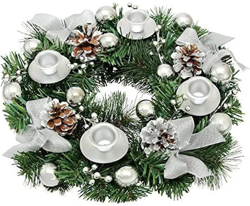 lvifloae Corona Navidea de Adviento 12 Pulgadas Corona Navidea Artificial Cinta Cono de Adviento Adorno Navideo Decoraciones Navideas (Sin Velas) (Plateado) — Adviento y mesa