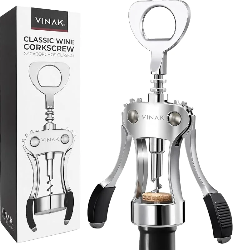 Visita la tienda de VINAK VINAK - Sacacorchos de Alas Profesional, Abridor de Vino Manual 2 en 1, Abrebotellas Cerveza Integrado, Acero Cromado Resistente, Mango Antideslizante, Espiral Reforzada para Extracción Fácil — Vino y mesa festiva