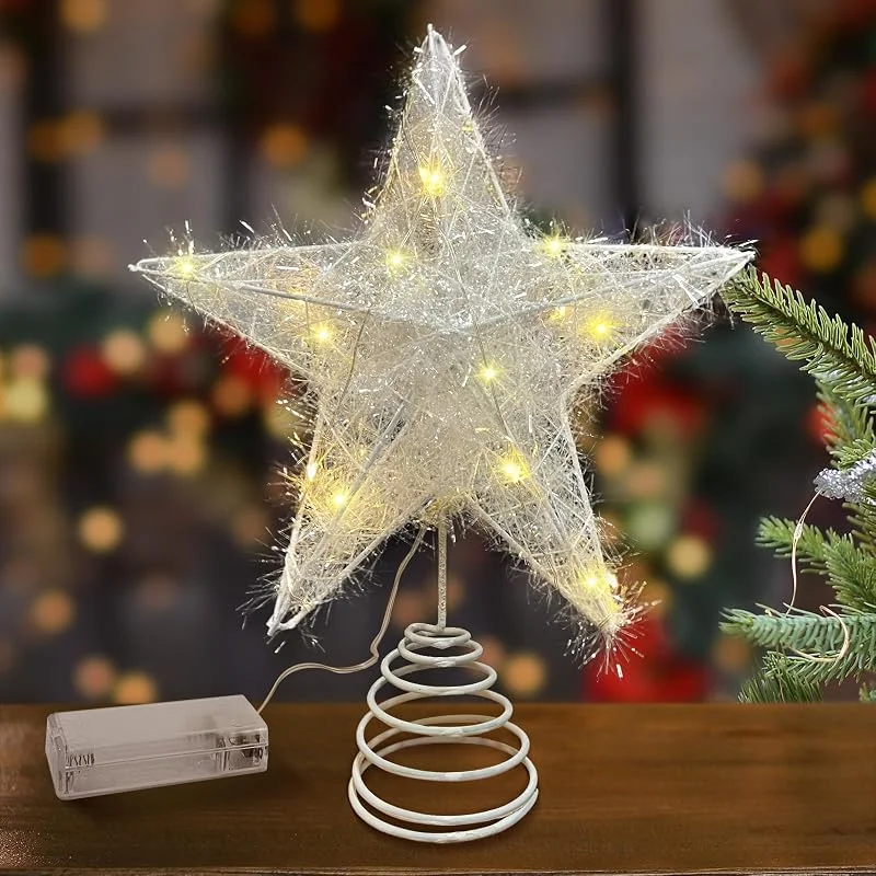 Bseical Estrella Arbol De Navidad con Luz 25*20cm Estrella Superior De áRbol De Navidad Metal Estrella De Navidad, Punta Del Decoracion Arbol Navidad, Tapa De áRbol De Nieve Con Pentagrama Iluminado (Blanco) — Decoracion Navidad