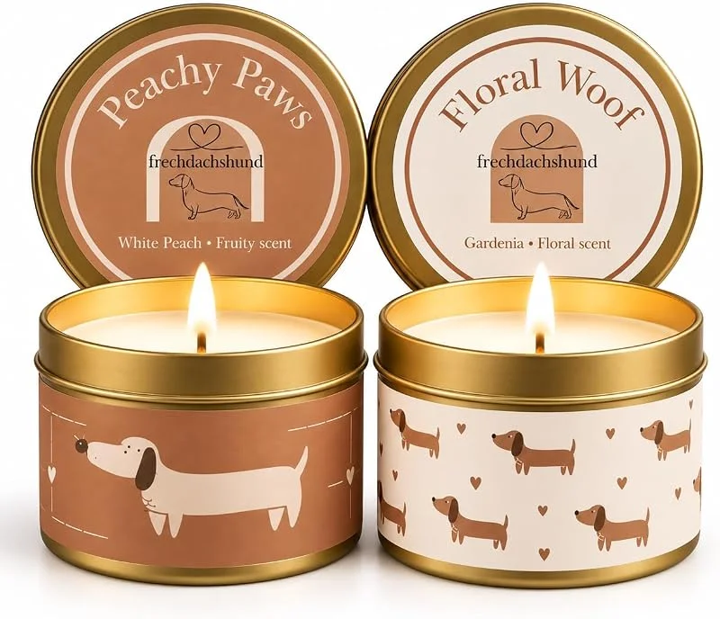 frechdachshund Juego de 2 velas perfumadas de cera de soja en tarro con diseño de perro salchicha, vela con joyas, 20 horas de combustión, ideal para relajación y decoración — Cena a la luz de velas