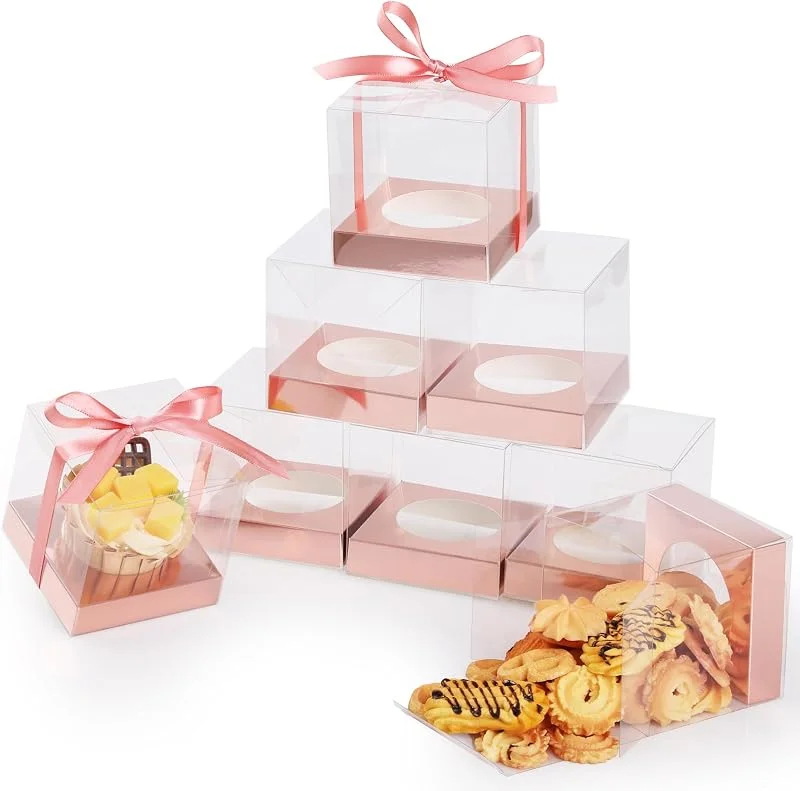 GeeRic 10 Pack Caja Transparente de Embalaje 9 x 9 x 9 cm, Caja de Regalo de PVC con Cinta de Papel Kraft para Boda Fiesta Cumpleaños — Envoltorio regalo