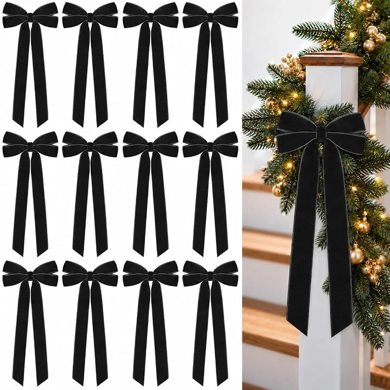 LQTSLFM 12 Piezas Lazo Arbol Navidad 13 × 26 CM Lazos Navideños Grandes Lazos Terciopelo Arbol Navidad para Guirnaldas, Chimeneas, Envoltorios de Regalo — Envoltorio regalo