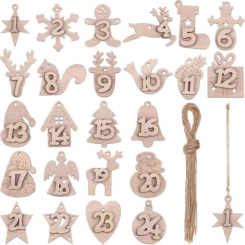 LIVELYPET Calendario de Adviento de Navidad, 24 unidades, números 1-24, etiquetas de madera de cuenta regresiva, colgantes para árbol de Navidad, adornos colgantes con cuerda para decoración de árbol de — Adviento y mesa