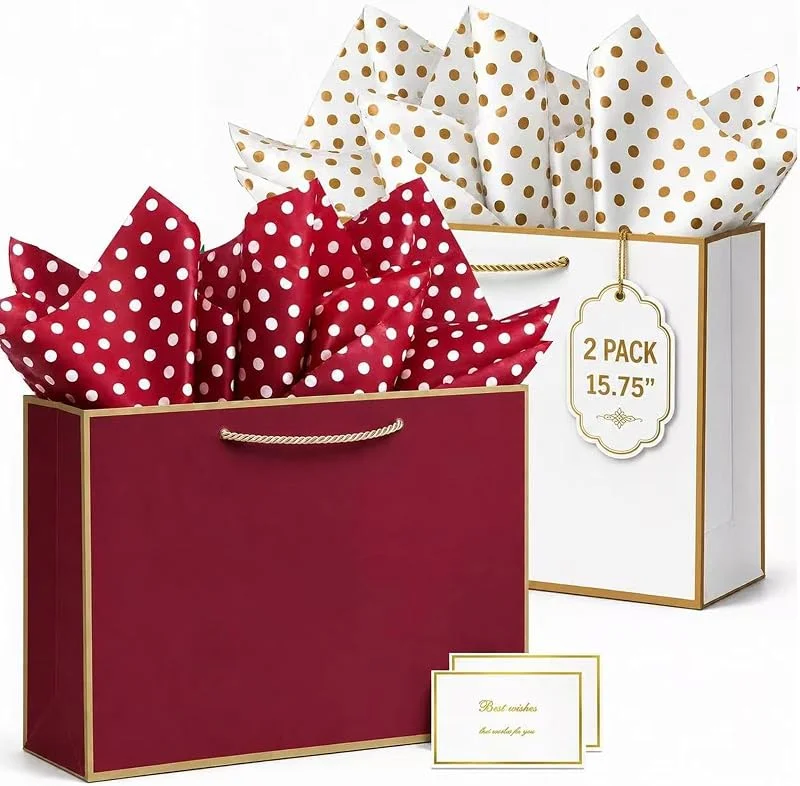 HONTIUS 2 Bolsas de Regalo Grandes con Papel de Seda y Tarjetas, 40×30×12.5 cm, Bolsas de Papel de 300 g, m² con Fondo Reforzado para Cumpleaños, Navidad y Boda B — Envoltorio regalo
