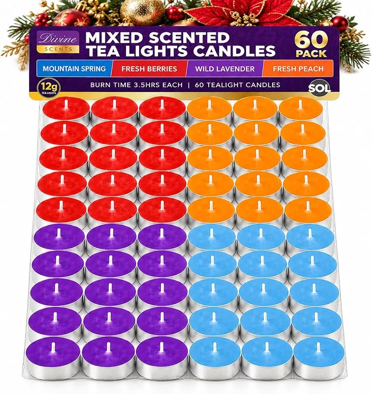 SOL Velas aromáticas de té de 75 unidades, largo tiempo de combustión, variedades variadas de fragancias Inc bayas frescas, lavanda, vainilla, montaña, melocotón — Cena a la luz de velas