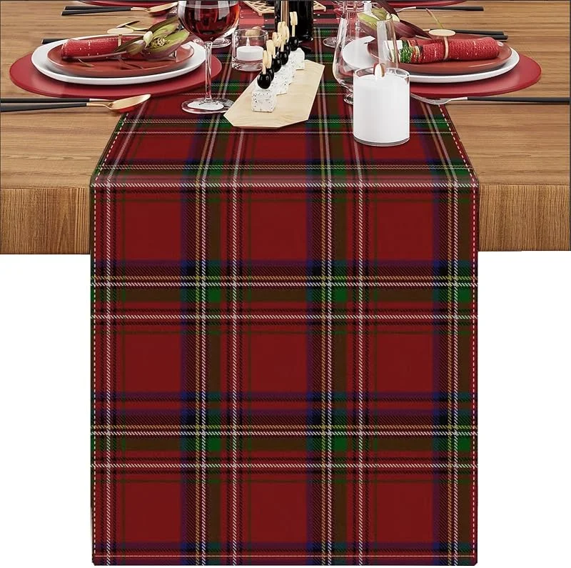LRartdeco Camino de Mesa de Navidad Rojo Oscuro Caminos de Mesa A Cuadros de Búfalo Camino Mesa Moderno Table Runner Lino 40x140cm para Interiores Bodas Vacaciones Fiestas Decoracion de Mesa Navideña — Hogar y cocina