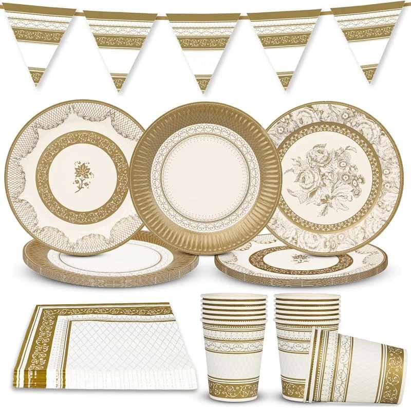 Visita la tienda de Talking Tables Talking Tables Paquete de decoraciones para fiestas en blanco y dorado para 16 invitados Navidad té banderines reversibles para fiestas platos de papel servilletas desechables vasos de papel — Adviento y mesa